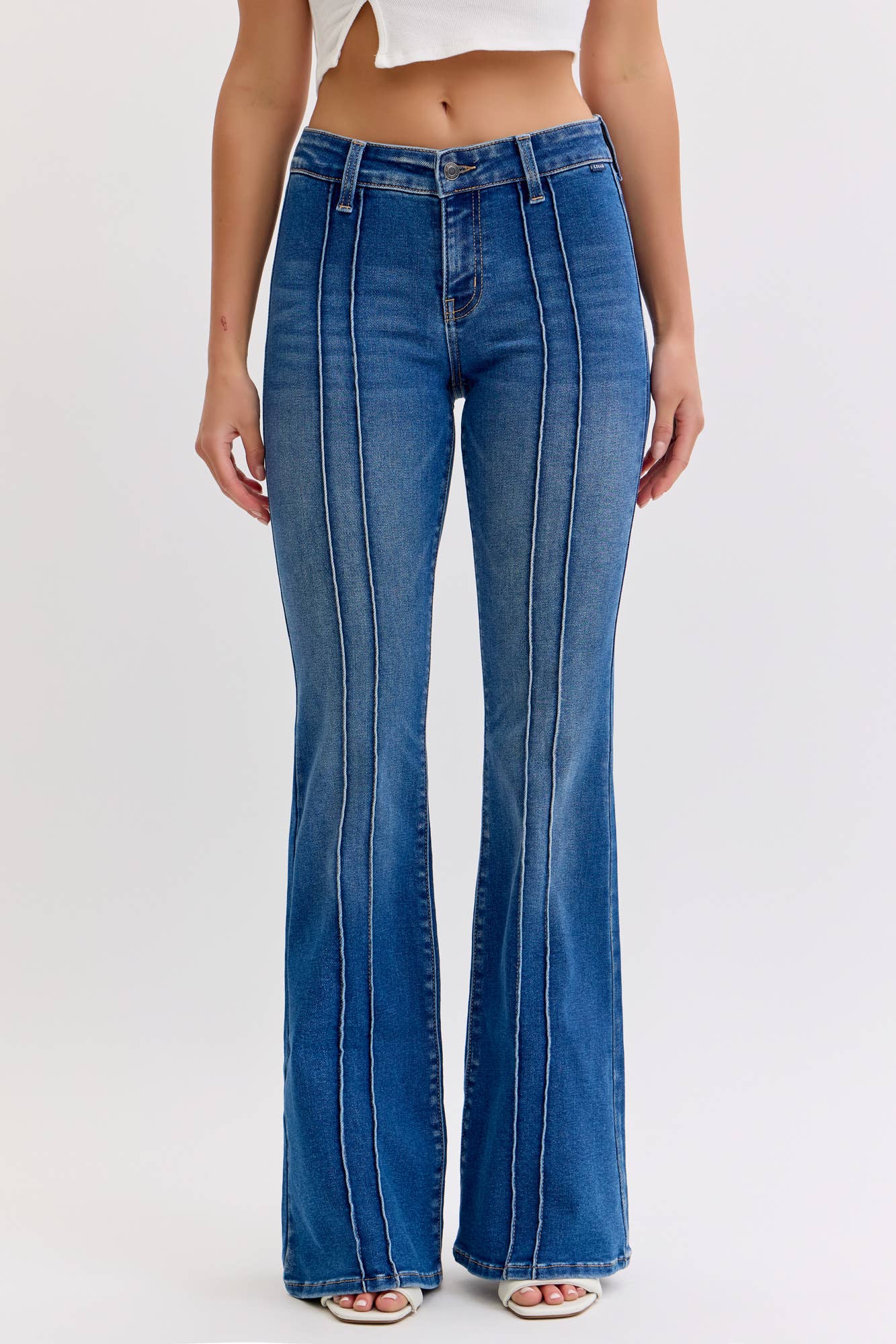 Cello Mid Rise Flare with Pintuck Seam Jeans | UPTRIPPING